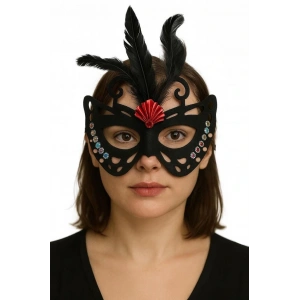 Siyah Renk Siyah Süet Kaplama Tüylü Kelebek Figür Parti Maskesi 24x18 cm