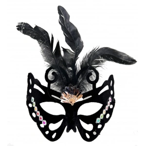 Siyah Renk Siyah Süet Kaplama Tüylü Kelebek Figür Parti Maskesi 24x18 cm (5148)