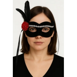 Siyah Renk Süet Kaplama Gümüş Dantelli Kırmızı Gül Tasarımlı Parti Maskesi 18x20 cm