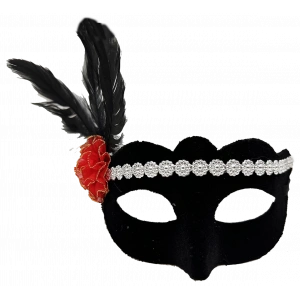 Siyah Renk Süet Kaplama Gümüş Dantelli Kırmızı Gül Tasarımlı Parti Maskesi 18x20 cm (5148)
