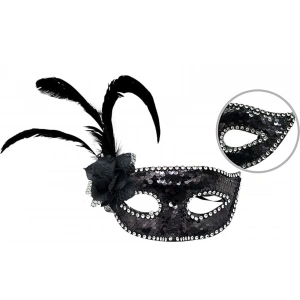 Siyah Renk Yandan Tüylü Güllü Gümüş Taşlı Pullu Maske 20x22 cm (5148)