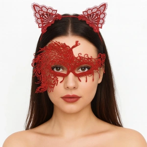 Timion Alevin Zarafeti Kırmızı Dantel Maske ve Taç Seti 4 No – Kadın Kostüm Tamamlayıcı (5148)
