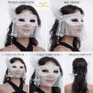 Timion Beyaz Dantel Tüllü Peçeli Parti Maskesi – Tüylü İnci Detaylı
