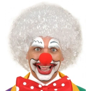 Timion Beyaz Renk Kıvırcık Afro Bonus Peruk Saç ve Kırmızı Sünger Burun Seti (5148)