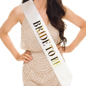 Timion Beyaz Üzeri Altın Büyük Bride To Be Yazılı Simli Işıltılı Kuşak Kemer 10 cm Genişlik (5148)