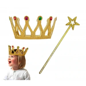 Timion Çocuk Boy Kraliçe Prenses Tacı ve Yıldız Peri Asası Altın Renk (5148)