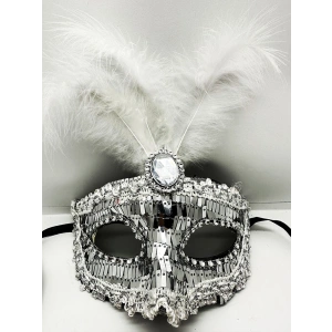 Timion Gümüş Renk Payetli Pullu Tüylü Parti Maskesi 17x20 cm (5148)