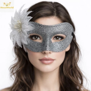 Timion Gümüş Simli Tüylü Balo Maskesi – Kadın Parti & Maskeli Balo Maskesi