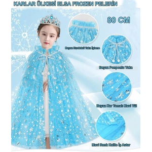 Timion Karlar Ülkesi Elsa Frozen Mavi Pelerin – 80 cm Kar Desenli Çocuk Pelerini ( Taç Hariç ) (5148)