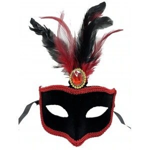 Timion Kırmızı Dantelli Siyah Kırmızı Tüylü Siyah Süet Kaplama Parti Maskesi 17x25 cm (5148)