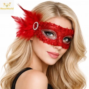 Timion Kırmızı Taşlı Venedik Parti Maskesi – Tüylü Payetli