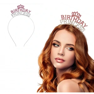 Timion Kristal Taşlı Pembe Birthday Princess Yazılı Parti Tacı 19x11 cm (5148)