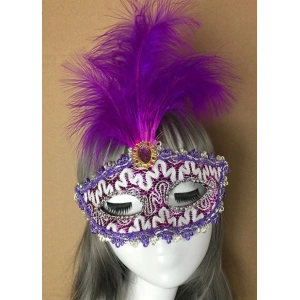 Timion Mor Dantel İşlemeli Mor Tüylü Balo Parti Maskesi 17x20 cm (5148)