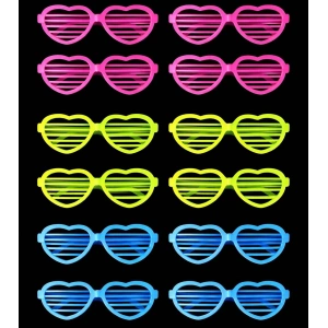 Timion Retro Neon Fosforlu Kalp Panjur Gözlük 12 Adet – 80’ler 90’lar Parti Stili (5148)