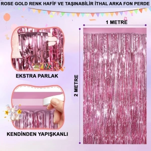 Timion Rose Gold Renk Ekstra Metalize Parlak Saçaklı Arka Fon Perde İthal A Kalite 1x2 Metre (5148)
