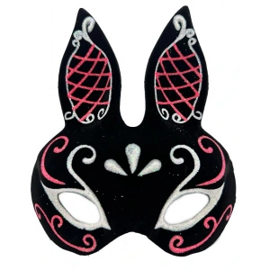 Timion Siyah Renk Kırmızı Beyaz Simli Siyah Süet Kaplama Tavşan Maskesi 18x16 cm (5148)