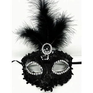 Timion Siyah Renk Payetli Pullu Tüylü Parti Maskesi 17x20 cm (5148)