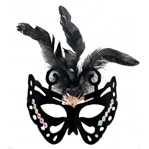 Timion Siyah Renk Siyah Süet Kaplama Tüylü Kelebek Figür Parti Maskesi 24x18 cm (5148)