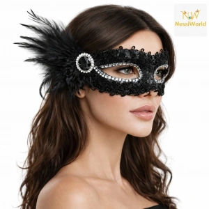 Timion Siyah Taşlı Venedik Parti Maskesi – Tüylü Payetli