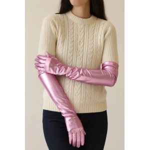 Uzun Boy Ekstra Parlak Saten Eldiven Pembe Renk NessiWorld