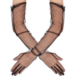 Uzun Boy Likralı Siyah Renk Yetişkin Mega Tül Eldiven 53 cm (5148)