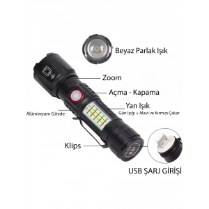 Timion Ws-2828 Ultra Usb Şarjlı Polis El Feneri, Bekçi, Asker El Feneri Kırmızı Mavi Çakarlı 1000 Lümen (5148)