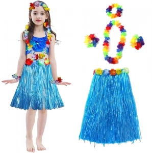 Yetişkin ve Çocuk Uyumlu Hawaii Luau Aloha Mavi Püsküllü Etek Kolye Taç ve 2 Adet Bileklik Seti (5148)