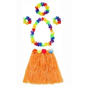 Yetişkin ve Çocuk Uyumlu Luau Aloha Hawaii Turuncu Etek ve Renkli Kolye Taç 2 Adet Bileklik Seti