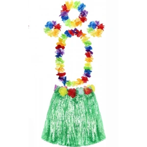 Yetişkin ve Çocuk Uyumlu Luau Aloha Hawaii Yeşil Etek ve Renkli Kolye Taç 2 Adet Bileklik Seti (5148)