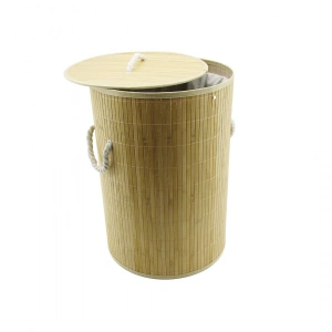 Yuvarlak Bambu Ahşap Kirli Çamaşır Sepeti 35x60cm Seyyar Kapaklı İçi Bezli İp Kulplu (5148)