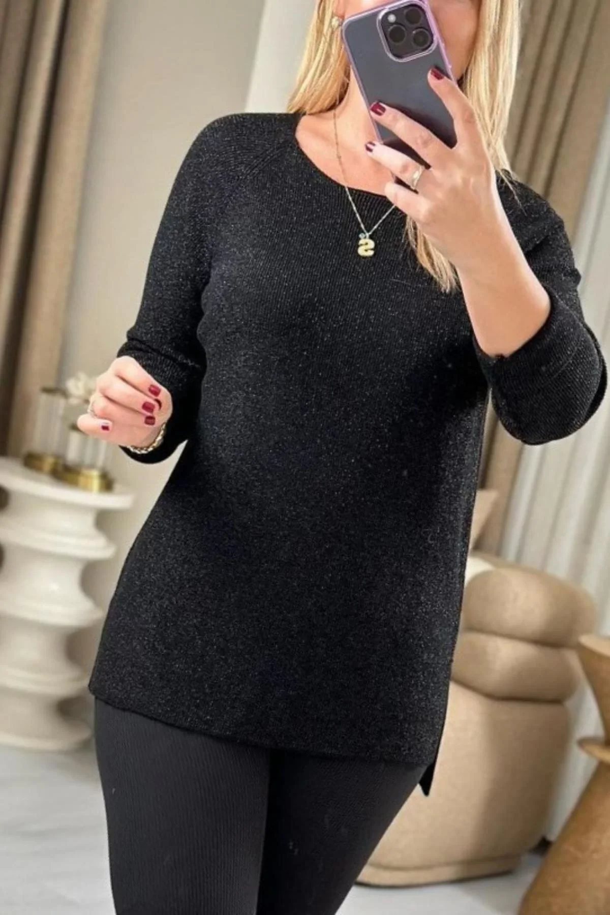 Kadın Siyah Bisiklet Yaka SİMLİ İnce Tiriko Duble Kol Manşetli Bluz