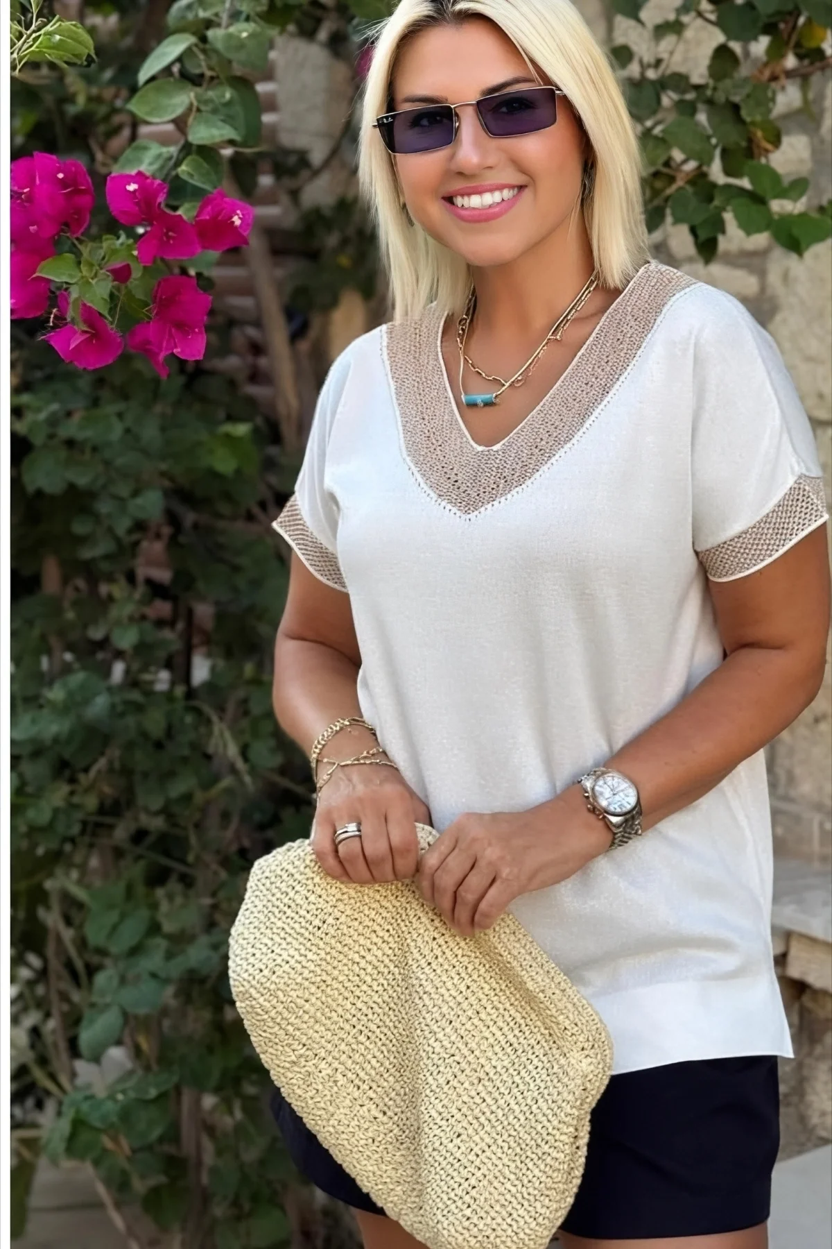 Kadın Beyaz V Yaka Yakası Sim Detaylı Soğuk İplik Yazlık İnce Merserize Buluz