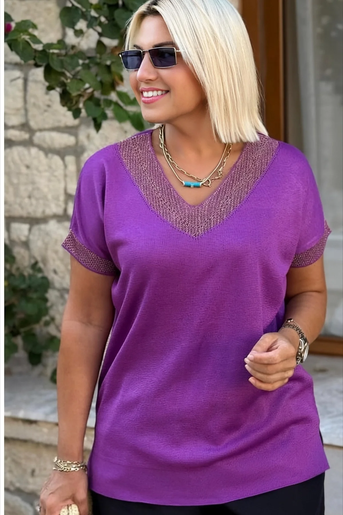 Kadın Mor V Yaka Yakası Sim Detaylı Soğuk İplik Yazlık İnce Merserize Buluz