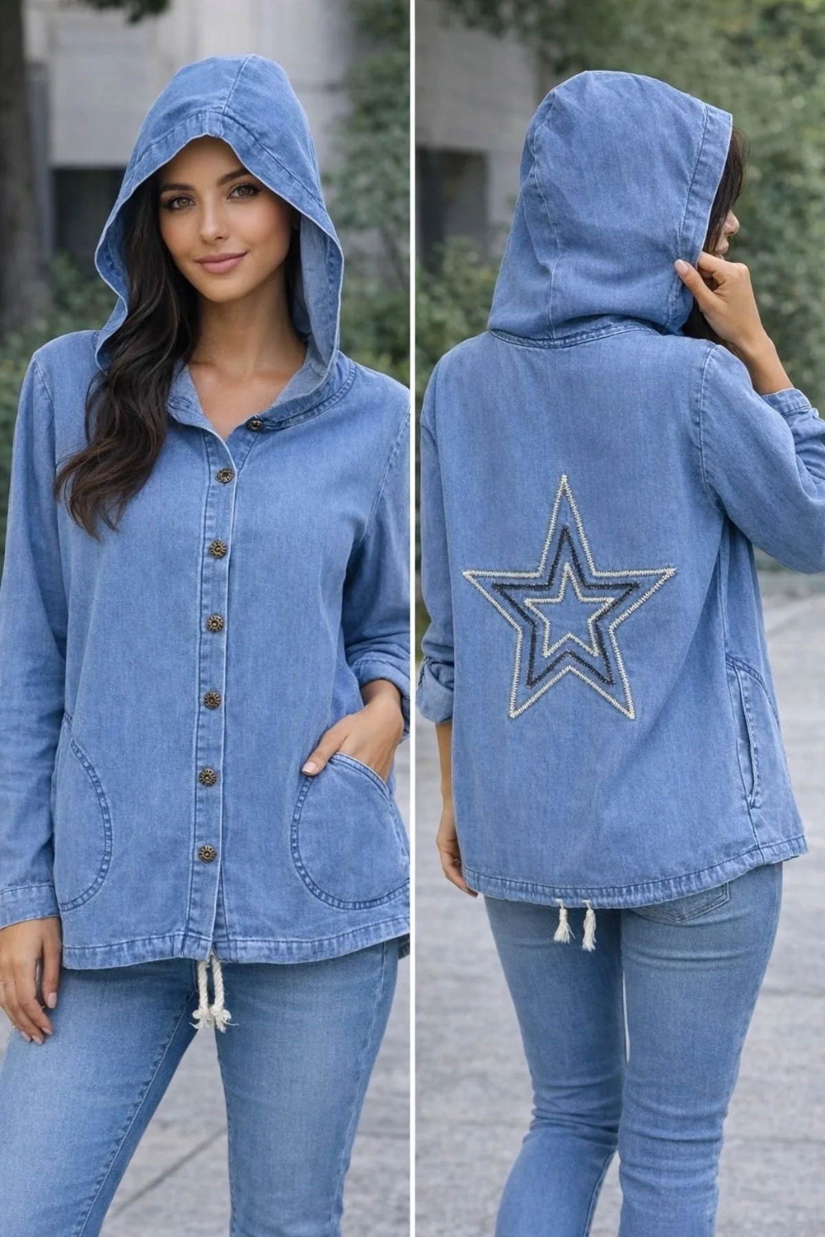 Kadın Açık Mavi Sırtı Yıldız Nakışlı Kapüşonlu Cepli Eteği Kordonlu KOT Gömlek Ceket