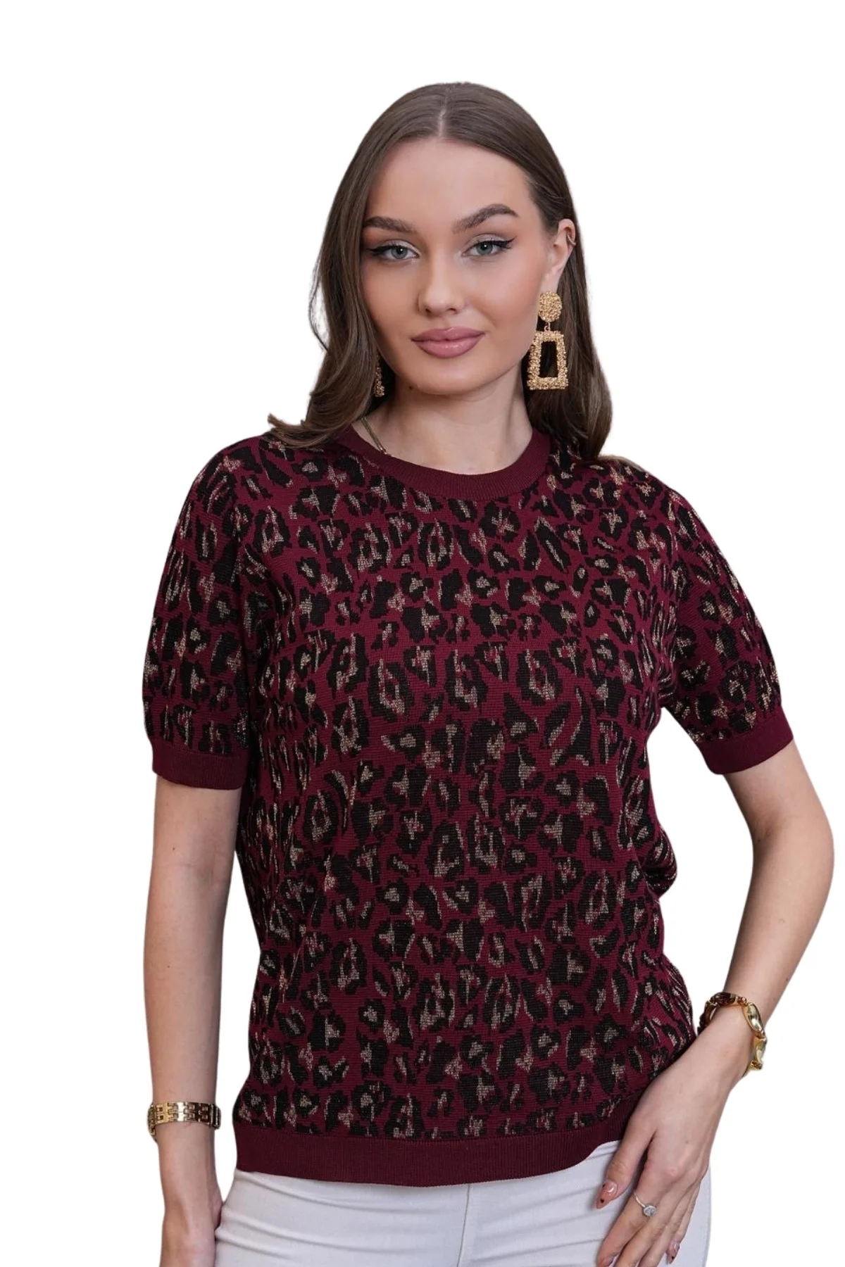 Kadın BORDO  Bisiklet Yaka Leopar Desenli Likralı Yumuşak Dokulu Kısakol Tiriko Buluz