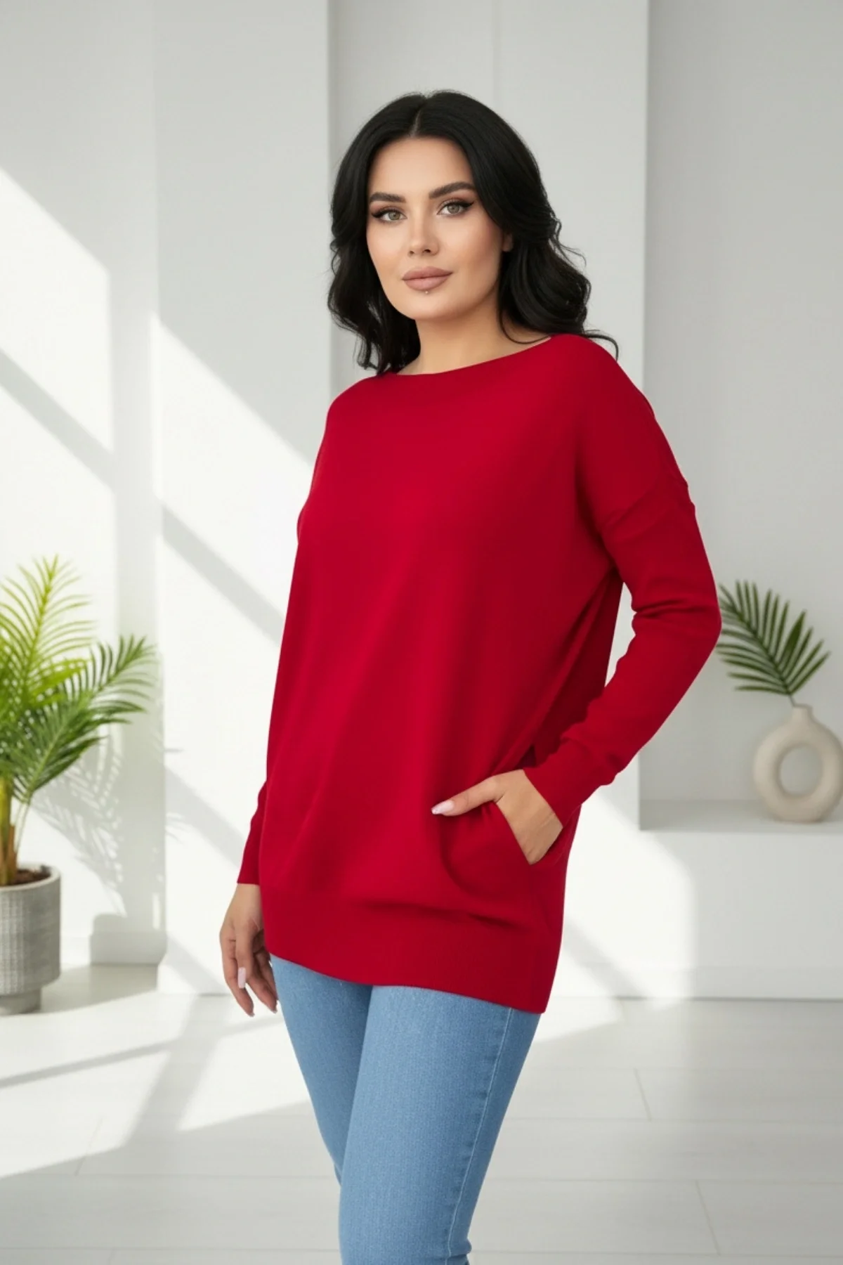 Kadın Kırmıızı Bisiklet Yaka Yandan Cepli Likralı Esnek Yumuşak Dokulu Triko Bluz