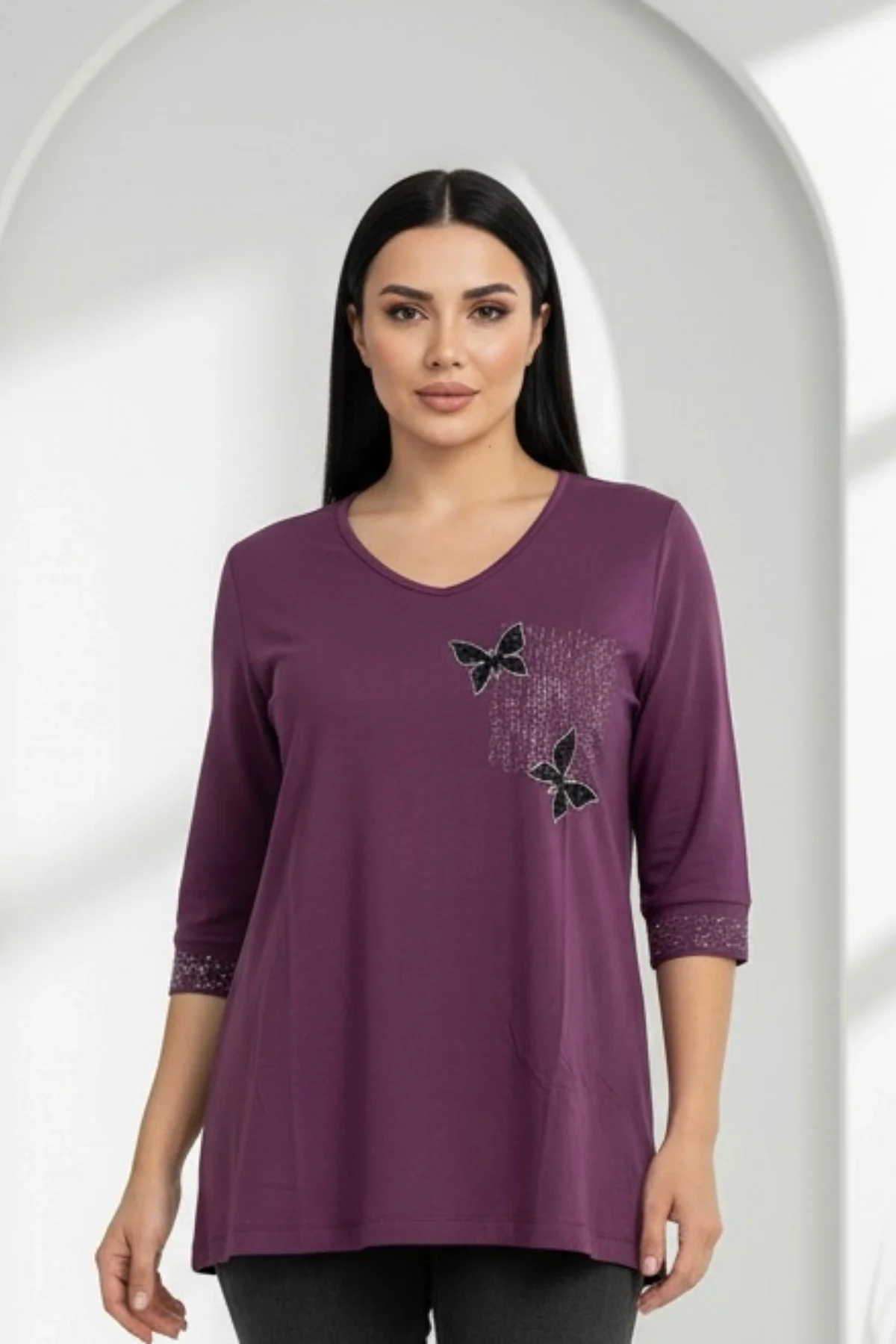 Kadın MÜRDÜM V Yaka Göğsü Çift Kelebek Kristal Taşlı Likralı Büyük Beden Buluz