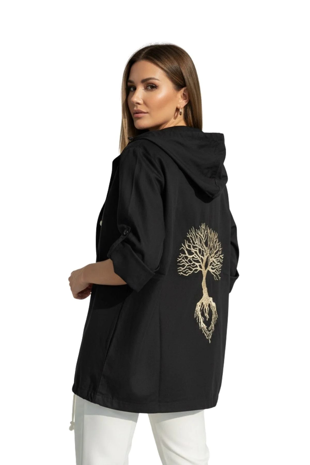 Kadın Siyah Kapüşonlu Sırtı Hayat Ağacı Nakışlı Pamuk Keten Kumaş Katlamalı Uzun Kol Gömlek Ceket