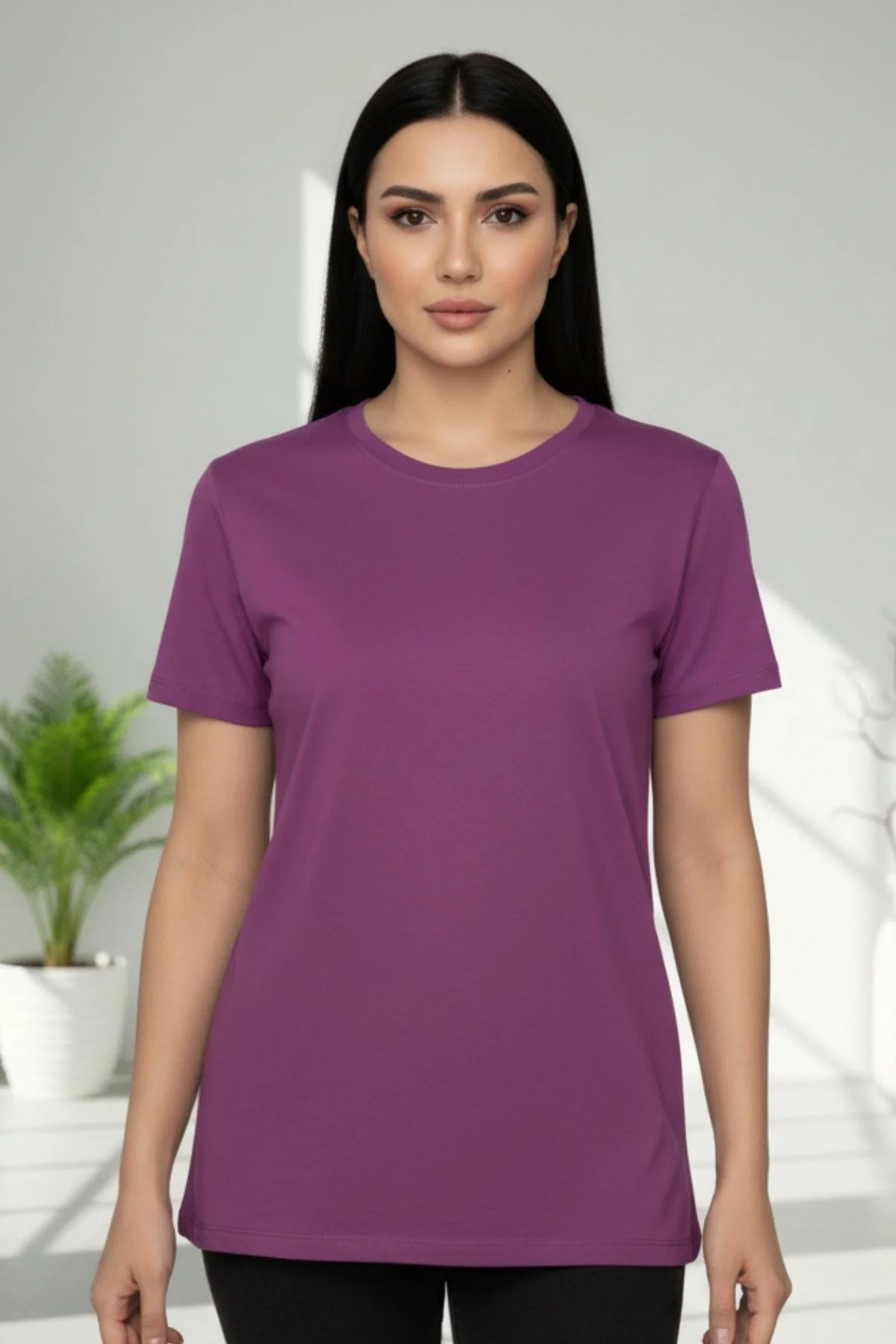 Kadın Mürdüm Bisiklet Yaka Büyük Beden Basic Likralı Pamuk Viskon Penye Buluz