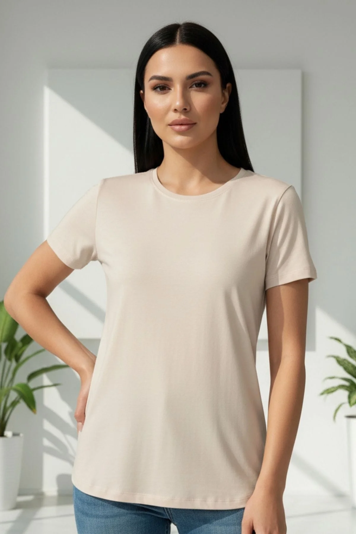 Kadın BEJ Bisiklet Yaka Büyük Beden Basic Likralı Pamuk Viskon Penye Buluz