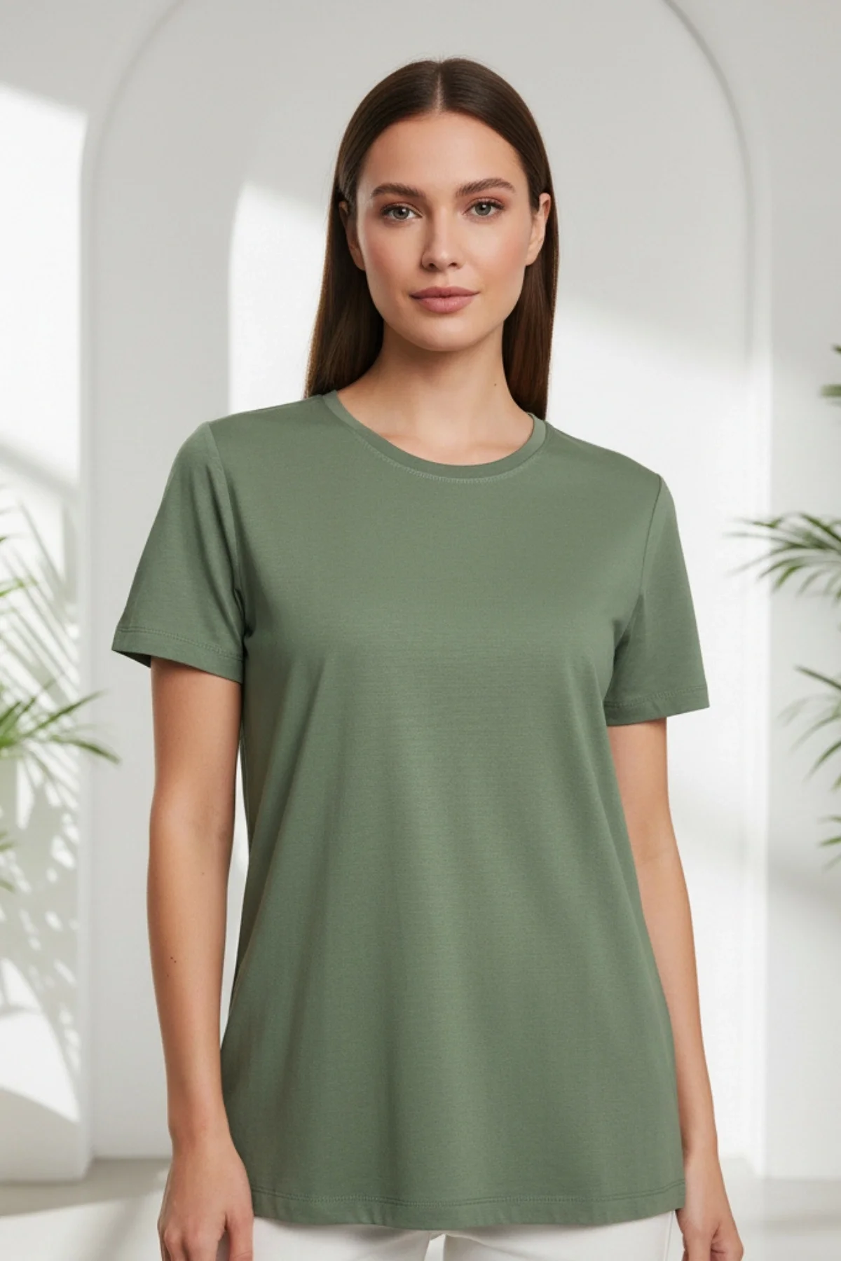 Kadın YEŞİL Bisiklet Yaka Büyük Beden Basic Likralı Pamuk Viskon Penye Buluz