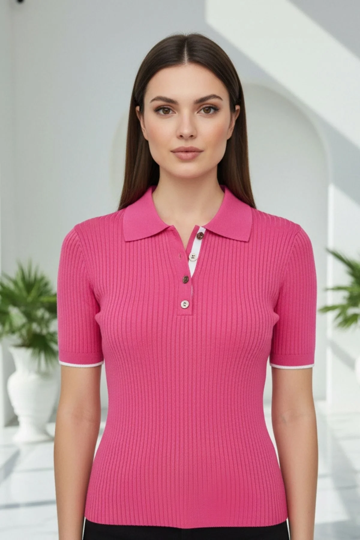 Kadın Pembe Polo Yaka Çıtçıtlı Yarım Patlı Likralı İnce Tiriko Bluz