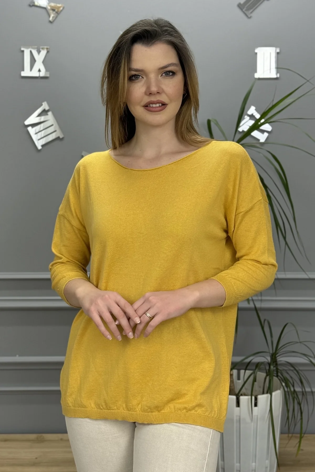 Kadın Sarı Kayık Yaka Likralı % 100 PAMUK İPLİK İnce Triko Bluz