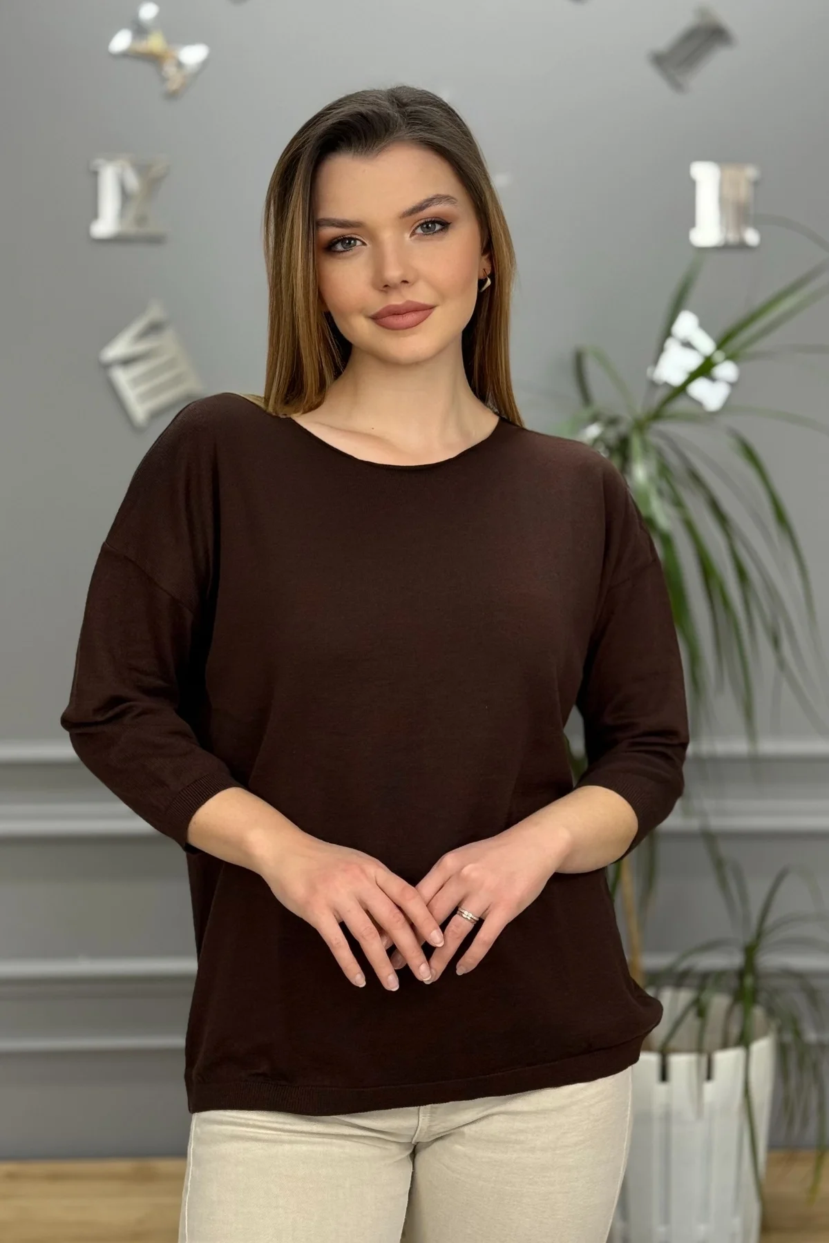 Kadın Koyu Kahverengi Kayık Yaka Likralı % 100 PAMUK İPLİK İnce Triko Bluz