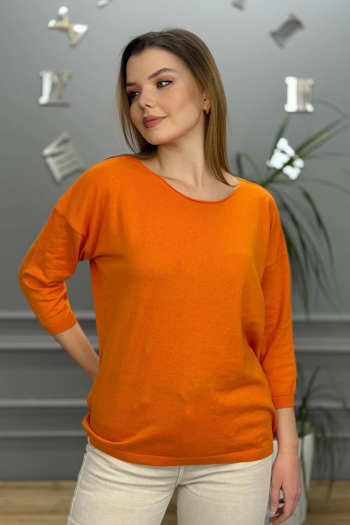 Kadın Turuncu Kayık Yaka Likralı % 100 PAMUK İPLİK İnce Triko Bluz