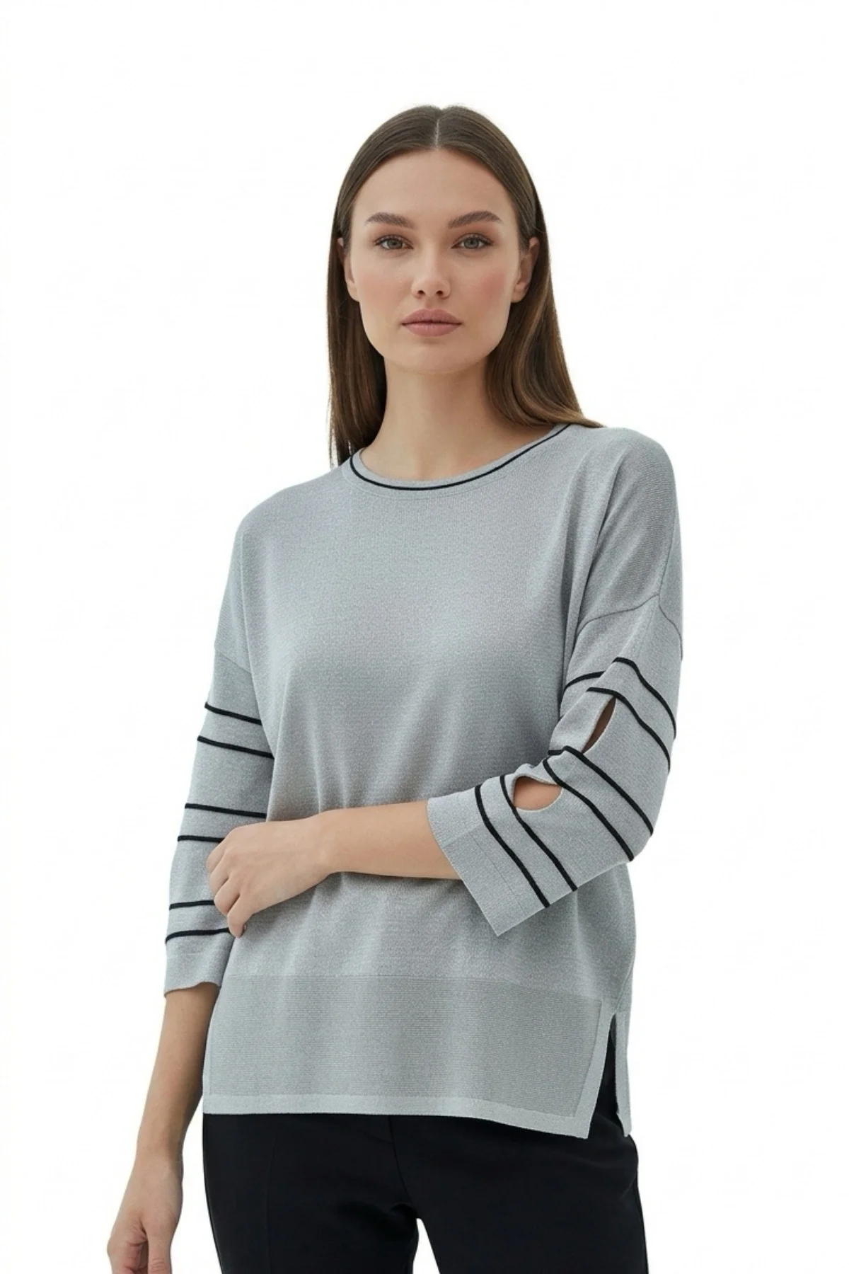 Kadın GIRİ Bisiklet Yaka Kol Ve Eteği Yırtmaçlı Likralı Yumuşak Dokulu Simli İnce Merserize Triko