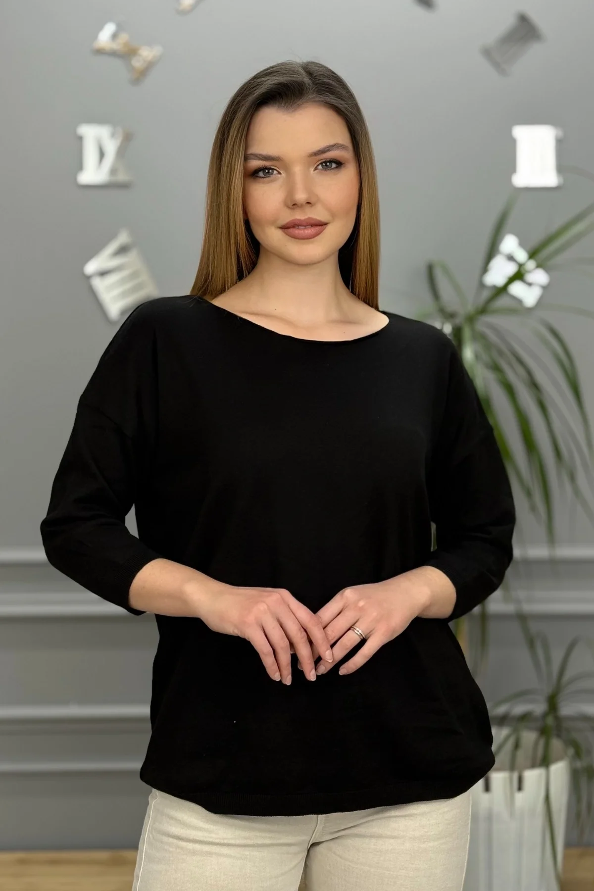 Kadın Siyah Kayık Yaka Likralı % 100 PAMUK İPLİK İnce Triko Bluz