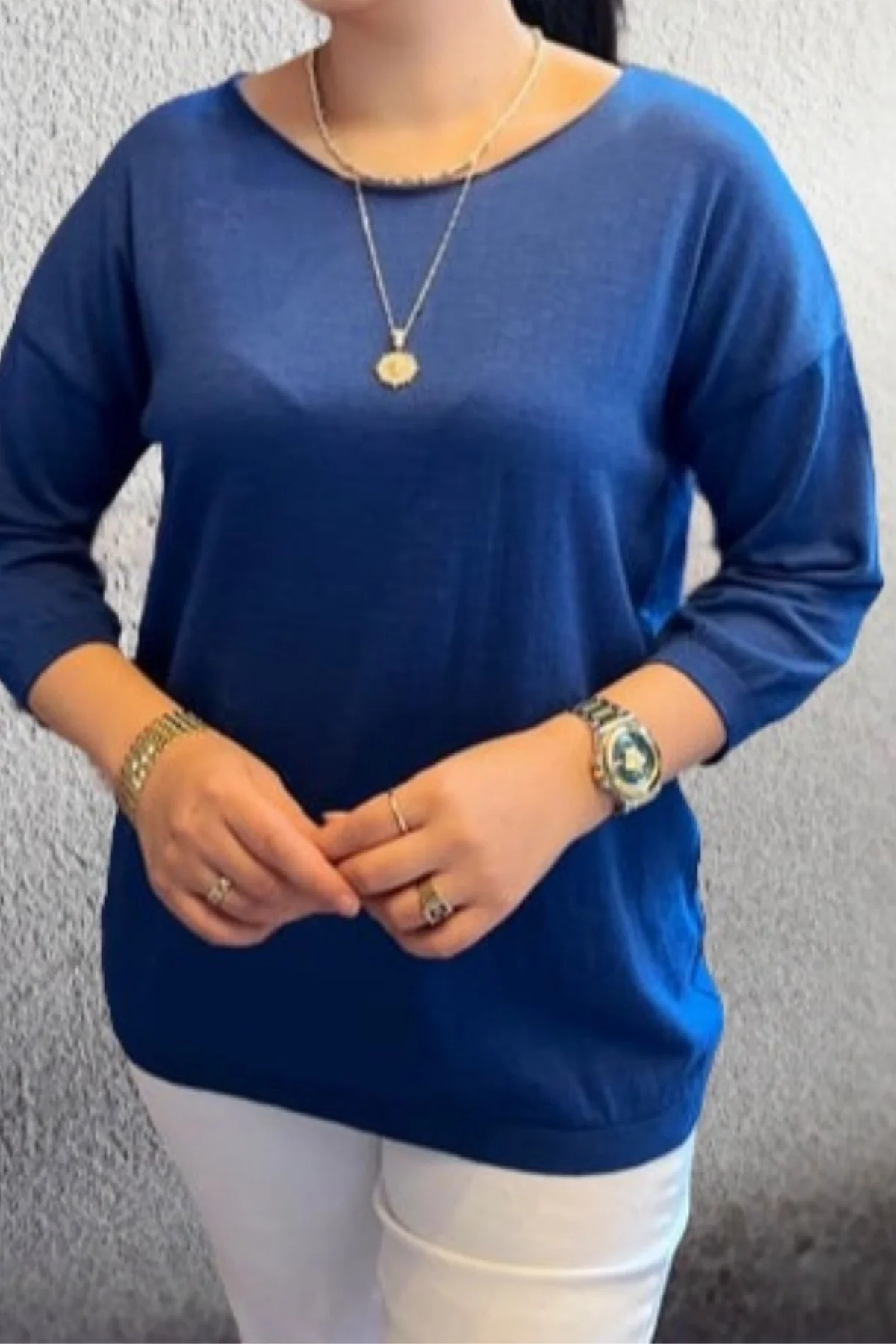 Kadın Lacivert Kayık Yaka Likralı İnce % 100 PAMUK İPLİK Triko Bluz