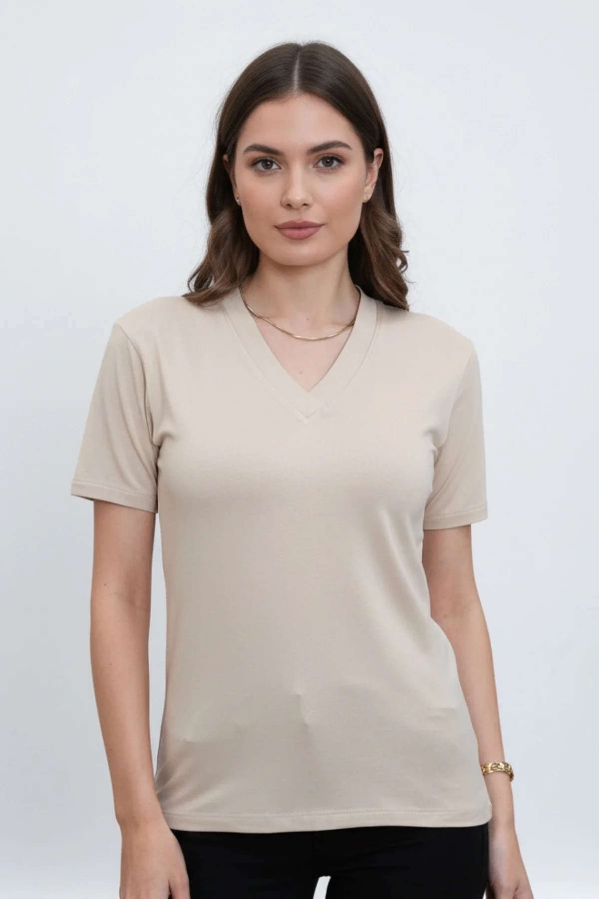 Kadın BEJ V Yaka Kısa Kol Likralı Pamuk Vizkon Kumaş Bluz
