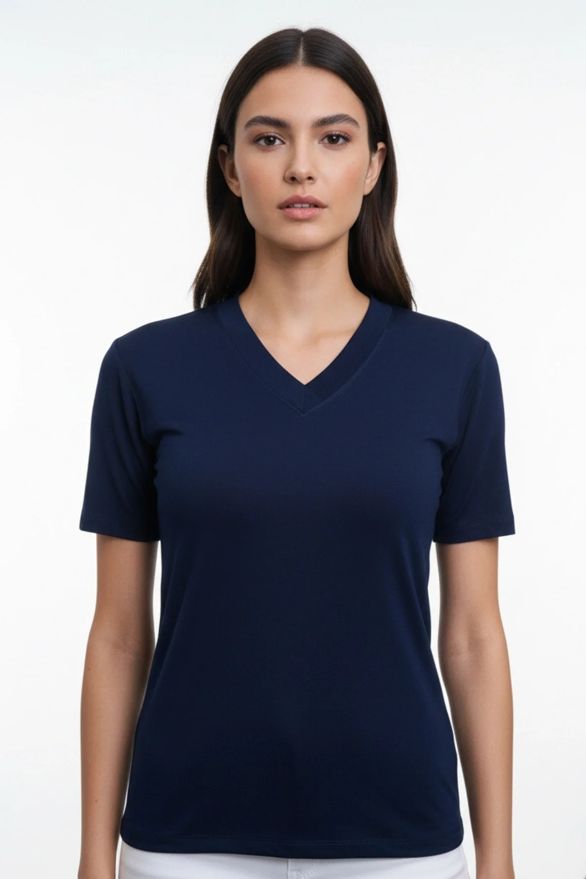 Kadın Lacivert V Yaka Kısa Kol Likralı Pamuk Vizkon Kumaş Bluz